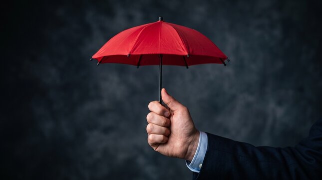 Red umbrella held by hand of businessman, insurance protection concept, safety and security symbol against dark background