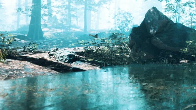 A clear pool of water sits near a large rock in a forest. Sunlight filters through the trees, creating shadows on the ground and on the water surface. Small plants surround the area.