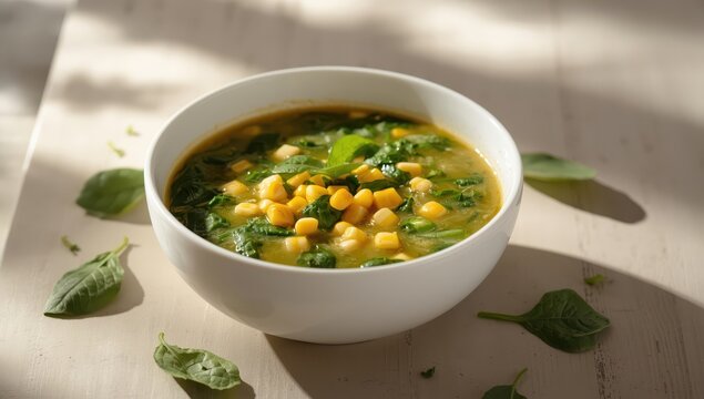 Spinach and sweet corn soup in an Asian style, served in a white bowl.