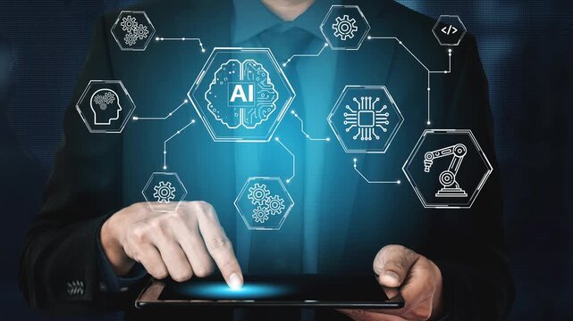 Business Professional Interacting with Touchscreen Tablet Displaying Artificial Intelligence Concepts and Technological Innovations for Corporate Applications. Entropy.