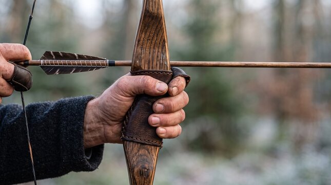 Archer drawing traditional wooden recurve bow with arrow in forest setting for target practice