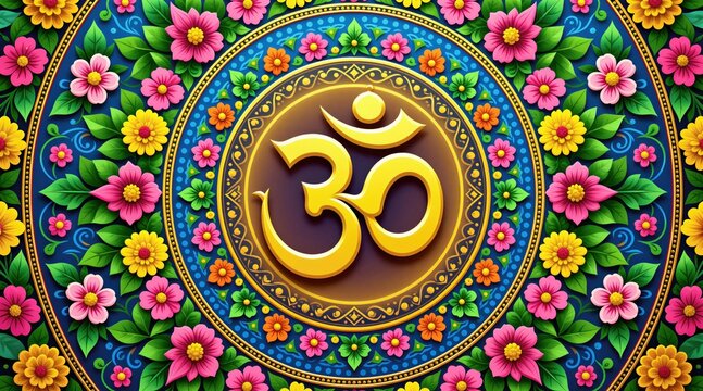 Golden Om symbol centered within colorful floral mandala design. Intricate Indian art features traditional patterns and vibrant flower motifs. Peaceful spiritual Hindu graphic art.