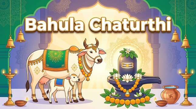 Bahula chaturthi greeting card illustration with a cow and calf and shiva linga