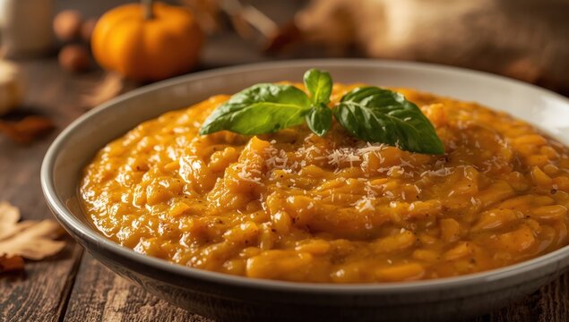 Tasty pumpkin risotto topped with parmesan and basil, zoomed in.