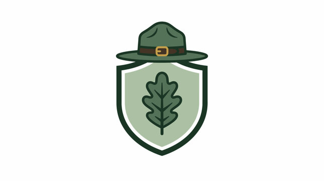 Park ranger badge icon featuring a campaign hat and shield with green oak leaf representing forest conservation and nature