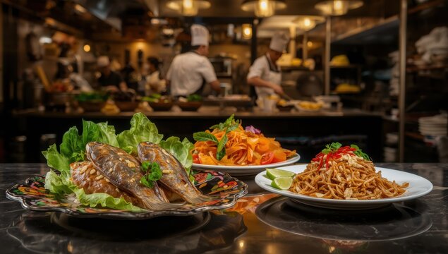 Thai cuisine, Miang Pla Kapong with fresh veggies, Pad Thai with shrimp, Pomelo salad.