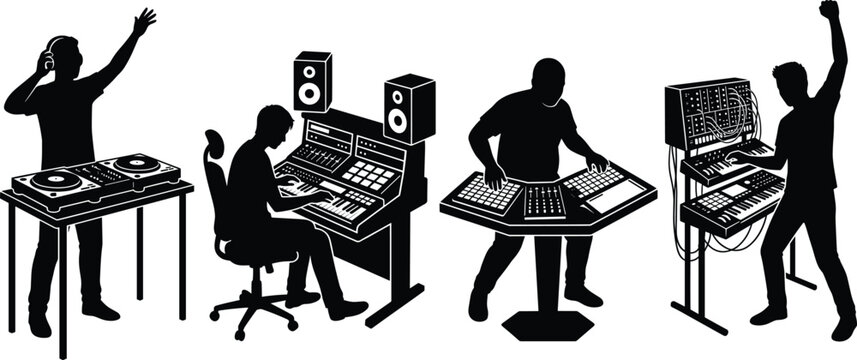 Set of black silhouettes featuring music producers, DJs, and sound engineers working with studio recording equipment
