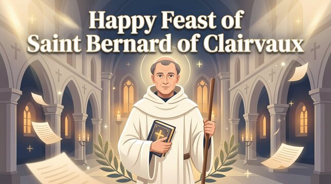Happy feast of saint bernard of clairvaux celebration illustration with monk in a church