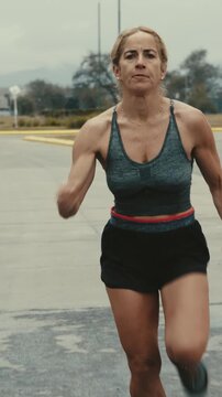 Front tracking shot of female runner sprinting along a road