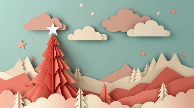 Stylized Paper-cut Christmas Tree Unfolding in Layered Forest Landscape, Dimensional Craft Animation Full HD Motion Background