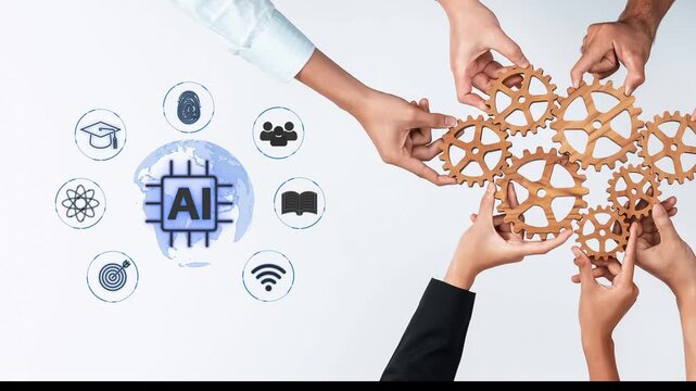 Collaboration and Innovation in Artificial Intelligence with Hands Holding Gears and AI Icons in a Modern Workspace Setting. Entropy.