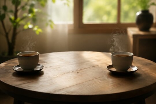 A round wooden table with two cups of steaming tea placed on opposite sides, soft morning light.