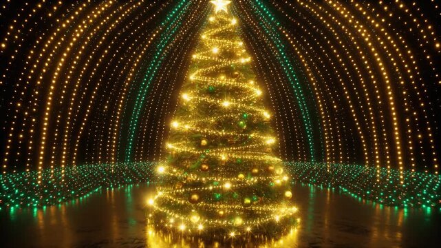 Glowing Christmas Tree with Golden and Green Fairy Lights in a Surreal Sparkling Tunnel, Festive Full HD Motion Background