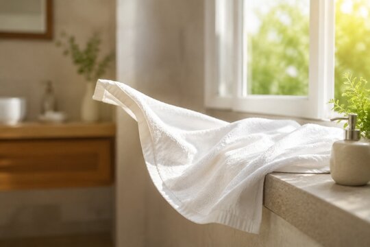 A white towel fluttering on a sunny bathroom windowsill.