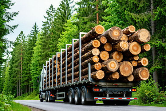 Heavy truck transports huge wooden logs on asphalt road through green coniferous forest in Sweden. Large lorry carries lumber cargo for timber industry supply. Industrial vehicle moves felled wood