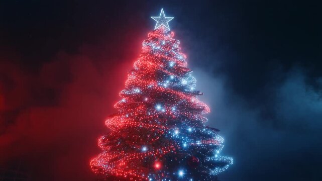 Dramatic Glowing Christmas Tree with Intense Red and Blue Neon Lights and Smoke in a Dark Night, Epic Full HD VFX Background