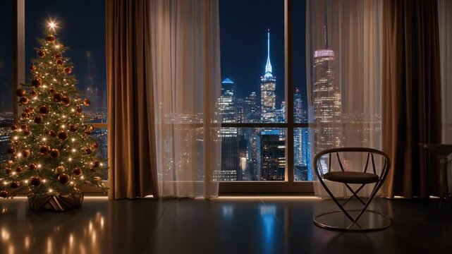 Luxury Christmas Tree with Bronze Ornaments in Penthouse Overlooking a City Skyline at Night, Atmospheric Full HD Holiday Interior