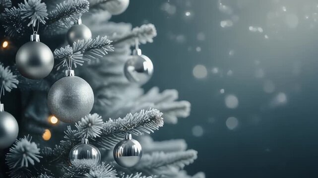 Minimalist Silver Christmas Tree with Monochromatic Ornaments and Soft Bokeh Lighting, Elegant Winter Holiday Background with Slow Zoom