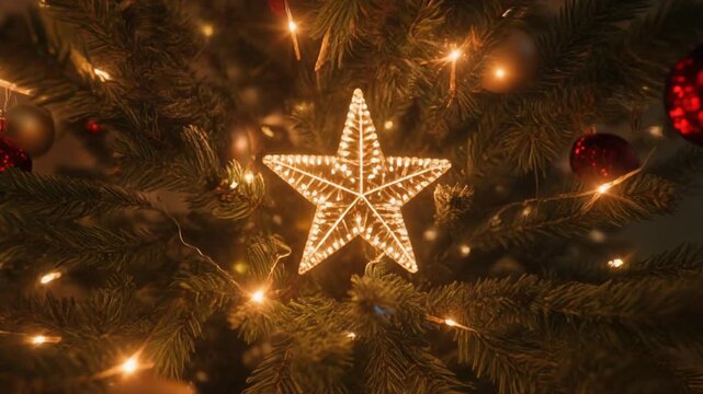Slow Zoom into Festive Christmas Tree Ornaments and Warm Twinkling Fairy Lights, Cinematic 1080p Holiday Background