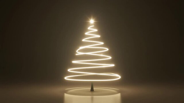 Minimalist Abstract Glowing Christmas Tree Made of Neon Light Spirals on Dark Background, Cinematic Full HD Motion Graphic