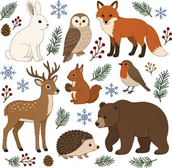 Fototapeta premium Collection of Cute Woodland Animals with Winter Elements Including Snowflakes and Pine Branches for Seasonal Nature Designs