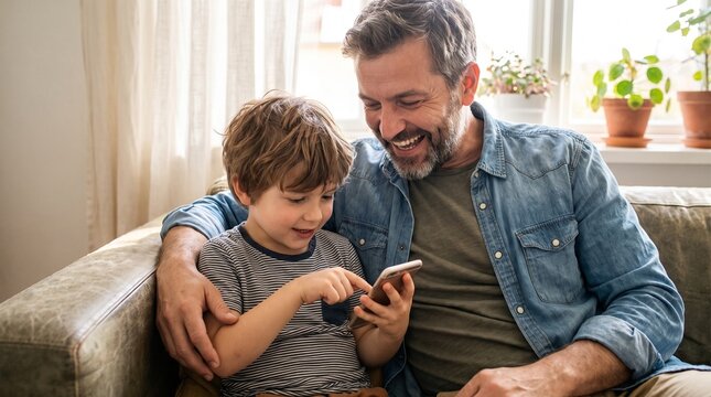 Father and Young Son Smiling While Learning Smartphone Together at Home