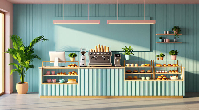 Minimal coffee shop interior with pastel blue wall, wooden counter. Bakery display holds sweet pastry muffins cakes. Espresso machine stands ready for orders. Sunny morning light creates shadows