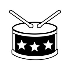 Patriotic drum icon with star pattern and drumsticks, line art illustration for Independence Day celebration
