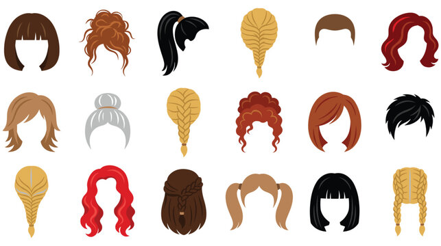 Collection of diverse cartoon hairstyles and haircuts for women and girls vector icons.