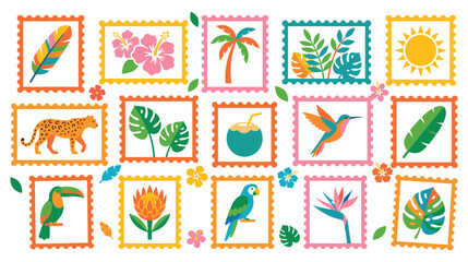 Colorful postage stamp designs featuring tropical birds flowers and foliage. © jubayer95