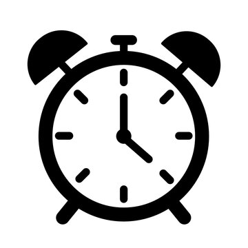 Classic analog alarm clock icon, a black and white illustration of a timepiece with two bells on top for waking up, symbolizing time management and morning routines
