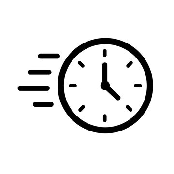 Vector icon of a fast clock with speed lines, symbolizing rapid progress, efficiency, and urgent deadlines. Excellent for designs requiring quick delivery and optimized time management