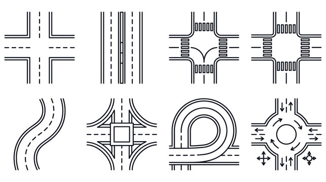 Highway road intersection and roundabout line icons for urban planning and traffic maps.