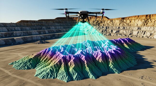 Modern drone flies over open pit mine to collect laser scanner data. Industrial quadcopter performs aerial 3d terrain mapping with laser beams for topography analysis. Engineering tool creates