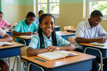 Fototapeta premium Happy African American schoolgirl smiles sitting at desk in classroom with fellow students. Diverse children study together during lesson inside modern school building. Girl looks at camera with open