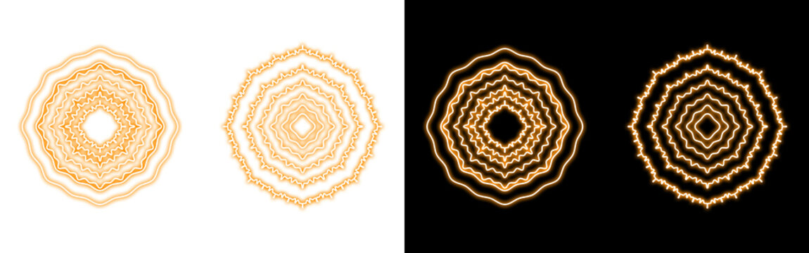 Set of glowing golden circular mandala patterns with wavy lines, abstract neon light shapes isolated on transparent background