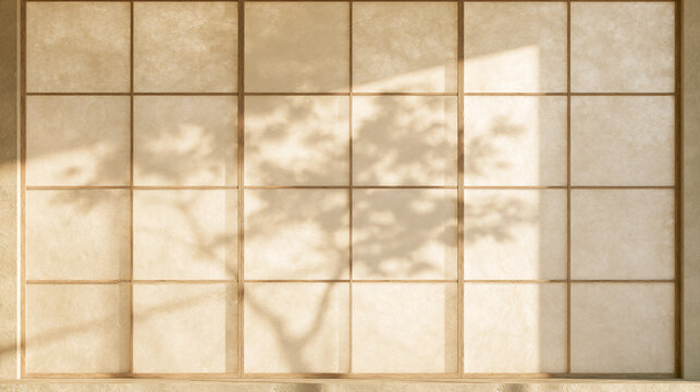 Japanese Modern Paper Screen Background with Soft Tree Shadow and Warm Sunlight