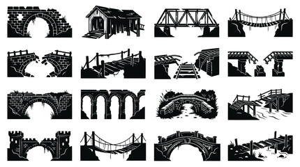 Obraz premium Old Ruined Bridges Collection - Black and White Vector Illustrations