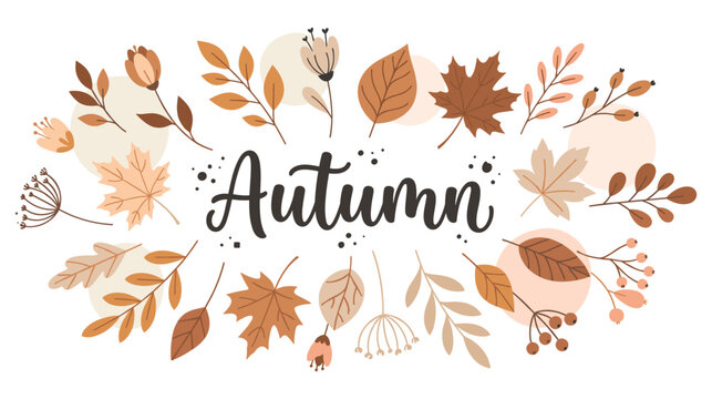 Autumn text surrounded by falling leaves and berries for season.