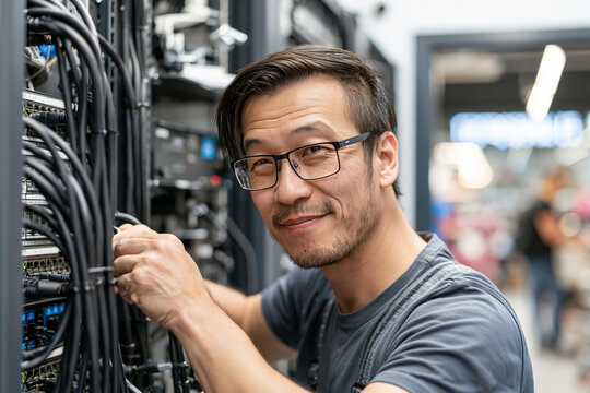 Technician installing an edge server in a retail backroom