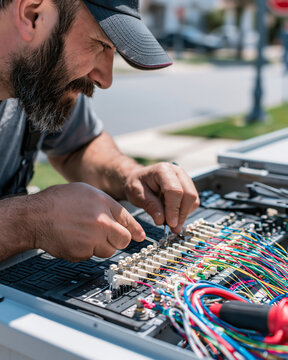 Fiber technician splicing a local network cable