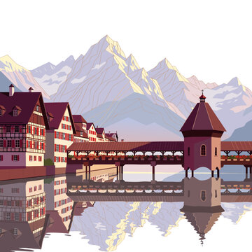 Historic Chapel Bridge and water tower with Alps reflection in Lucerne Switzerland vector illustration