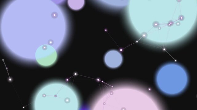 Abstract constellation pattern with glowing spheres in shades of blue purple and pink against a dark backdrop creating a futuristic digital artwork