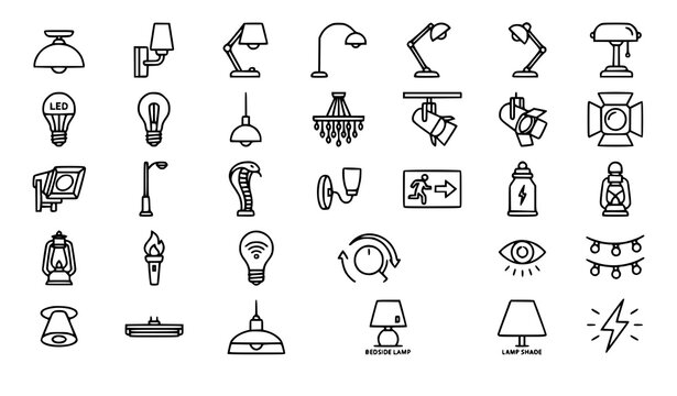 Professional Lamp and Lighting Outline Icon Set with Spotlights Chandeliers Wall Lamps and Electric Light Symbols