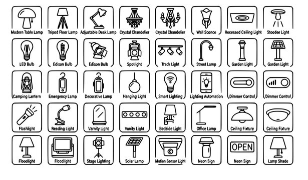 Lighting Fixture Outline Icons Vector Set Featuring Modern Lamps LED Bulbs Wall Lights and Smart Illumination Symbols