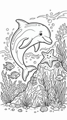 Naklejka premium Friendly Dolphin Interacting with Smiling Starfish in Underwater Scene, Seaweed and Fish, Black and White Coloring Page Illustration with Coral, Simple Line Art for Kids