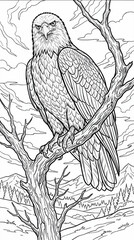 Fototapeta premium Majestic Bald Eagle Perched on a Gnarled Tree Branch, Low Angle View, Fierce Expression, Mountainous Landscape Background, Black and White Vector Illustration for Coloring