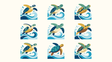 Obraz premium Sea Turtle Icon Sheet, Playful Marine Animal Leaping from Stylized Blue Waves, Flat Graphic Design Set with Multiple Color Variations, Vector Illustration