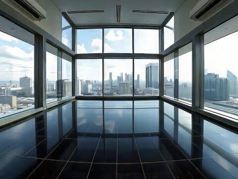 Modern glass-walled indoor pool with city skyline view.