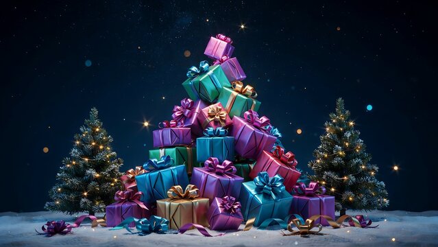 Large pile of colorful wrapped gift boxes stacked in a pyramid shape on snow between two small pine trees at night